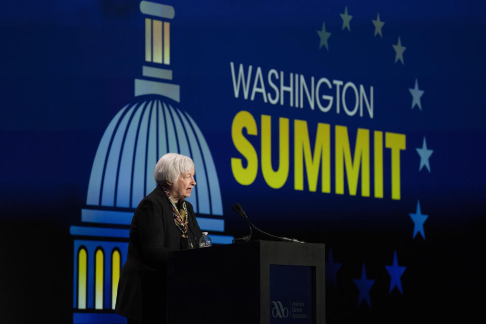 Treasury Secretary Janet Yellen speaks to the American Bankers Association, Tuesday, March 21, 2023, in Washington. (AP Photo/Manuel Balce Ceneta)