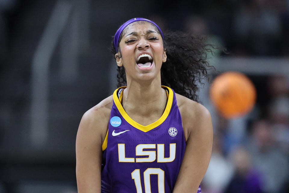 ALBANY, NEW YORK - MARCH 30: Angel Reese #10 of the LSU Tigers reacts in a game against the UCLA Bruins during the first half in the Sweet 16 round of the NCAA Women's Basketball Tournament at MVP Arena on March 30, 2024 in Albany, New York. (Photo by Andy Lyons/Getty Images)