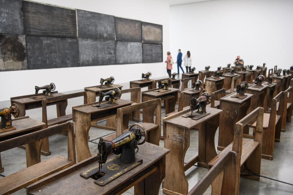 <p>Ibrahim Mahama’s artwork ‘Capital Corpses’, at the White Cube Bermondsey Gallery in London, where his exhibition ‘Lazarus’ will open tomorrow. Picture date: Tuesday September 14, 2021. Photo credit should read: Matt Crossick/Empics</p>
