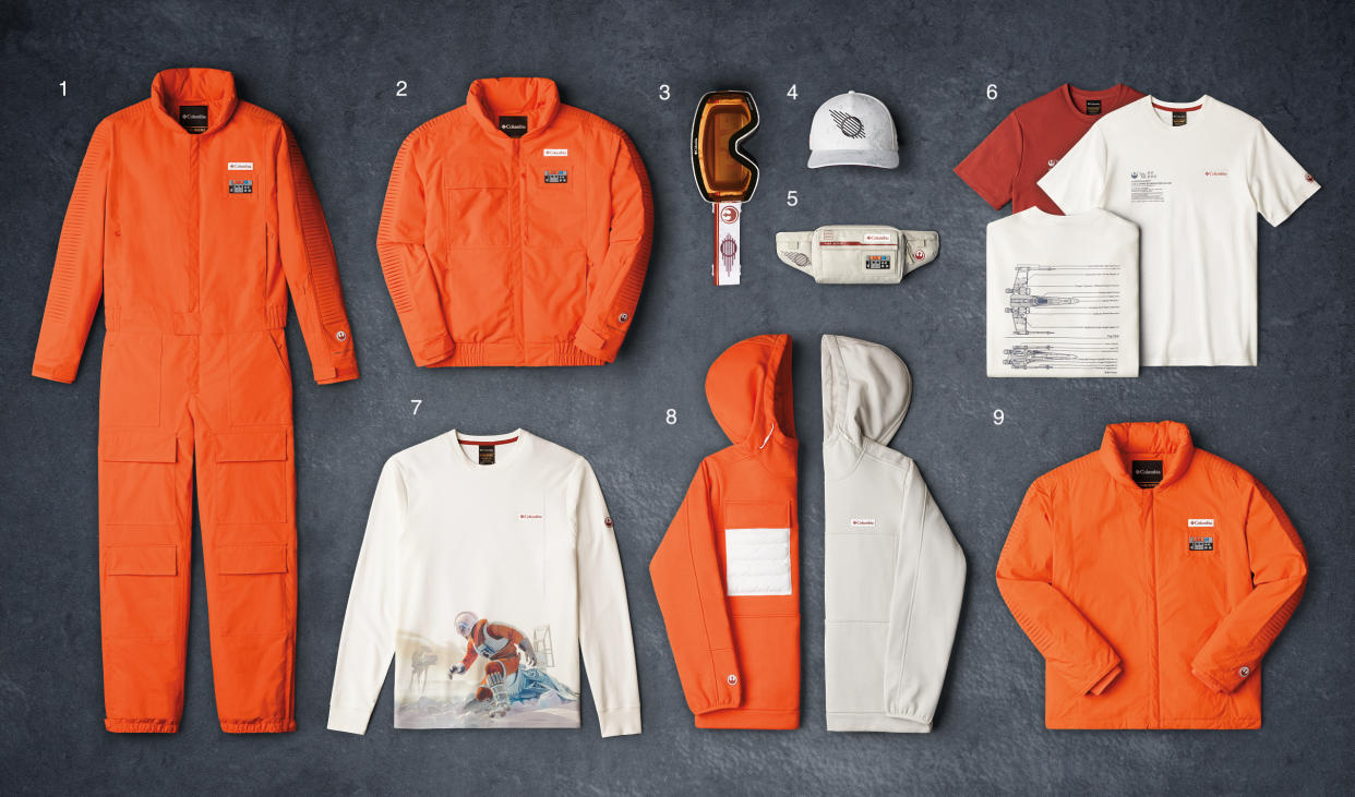 Columbia's Skywalker Pilot line includes: ski suit ($500); ski jacket ($350); snow goggle ($300); ball bap ($40); crossbody bag ($50); short-sleeve Shirt ($55); long-sleeve shirt ( $70); pullover ($150); lightweight jacket ($200). (Columbia Sportswear)