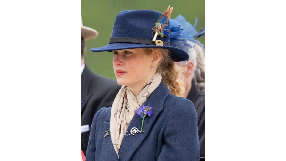 Lady Louise Windsor in a blue coat and blue hat