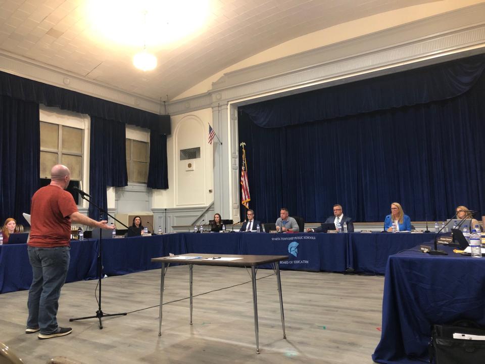 Shawn Carroll, a transgender parent of two children in the Sparta school district, addresses the Sparta Board of Education during the public comment portion of the board meeting at Mohawk Avenue School Thursday, Sept. 28, 2023.