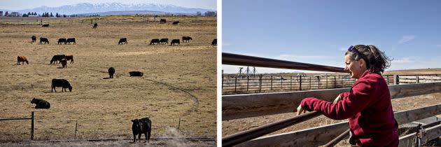 LEFT: Jennifer Ellis' ranch in Blackfoot, Idaho, with Mt. Putnam in the background on April 3, 2022. RIGHT: Ellis at her ranch. (Photo: Kim Raff for HuffPost)