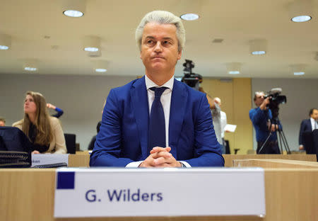 Dutch far-right Party for Freedom (PVV) leader Geert Wilders sits in a courtroom of the courthouse in Schiphol, Netherlands March 18, 2016. REUTERS/Michael Kooren/File Photo