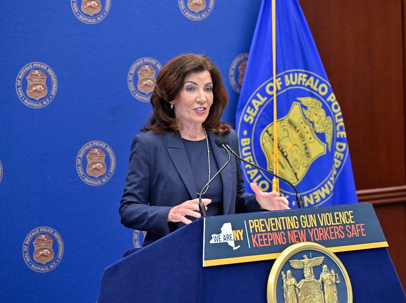 Gov. Kathy Hochul speaks in Buffalo about decreasing gun violence across New York on July 28, 2023.