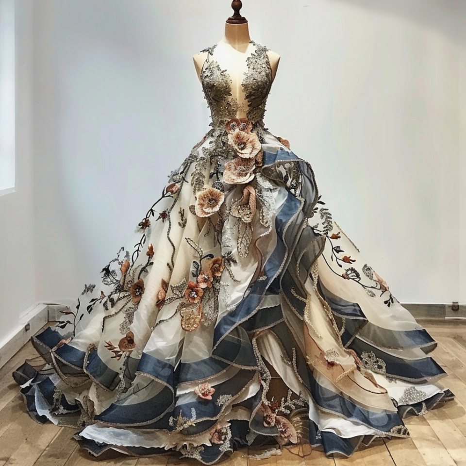 Ornate gown with floral embellishments and layered skirt on display, no persons in image