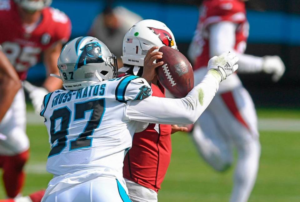 Carolina Panthers defensive end Yetur Gross-Matos (97) cause a fumble as Arizona Cardinals quarterback Kyler Murray (1) tries to pass downfield during the second half at Bank of America Stadium in Charlotte, NC on Sunday, October 4, 2020. The Panthers recovered and went on to win, 31-21