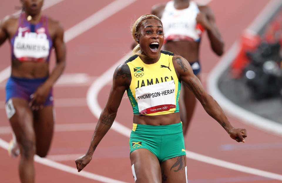 Elaine Thompson-Herah of Jamaica celebrates victory in the women's 100m final at the Tokyo 2020 Olympic Game on July 31. ( Ian MacNicol/Getty Images)