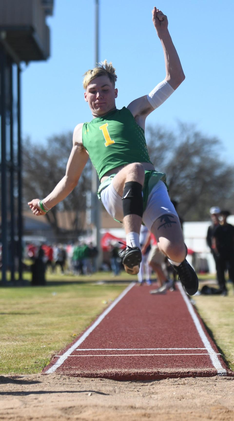 Idalou's Logan Mennel competes in the long jump at the District 2-3A track and field meet Thursday, April 4, 2024, at Antelope Stadium in Abernathy.