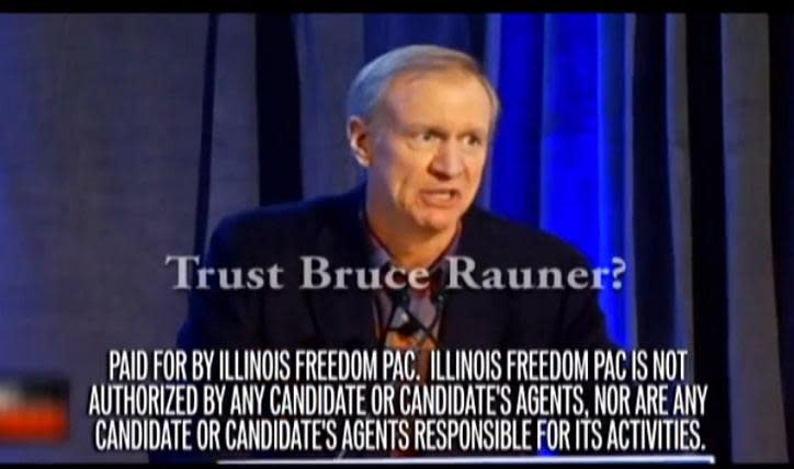 This undated frame grab from a television ad provided by the Illinois Freedom PAC shows a political ad criticizing venture capitalist Bruce Rauner, a candidate for the Republican nomination for Illinois governor. Labor unions, which funded the ad, have taken an unprecedented role in the March 18 Republican primary. (AP Photo/Courtesy of the Illinois Freedom PAC)