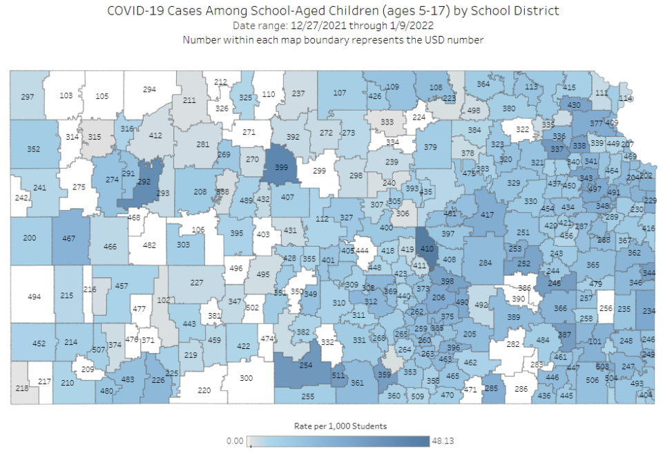 This map from the Kansas Department of Health and Environment shows case rates among school-aged children for the state's public school districts.