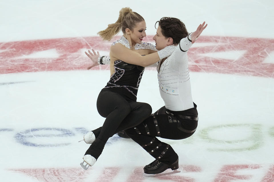 Emilea Zingas, left, and Vadym Kolesnik, right, compete during the championship rhythm dance program at the U.S. figure skating championships Thursday, Jan. 25, 2024, in Columbus, Ohio. (AP Photo/Sue Ogrocki)