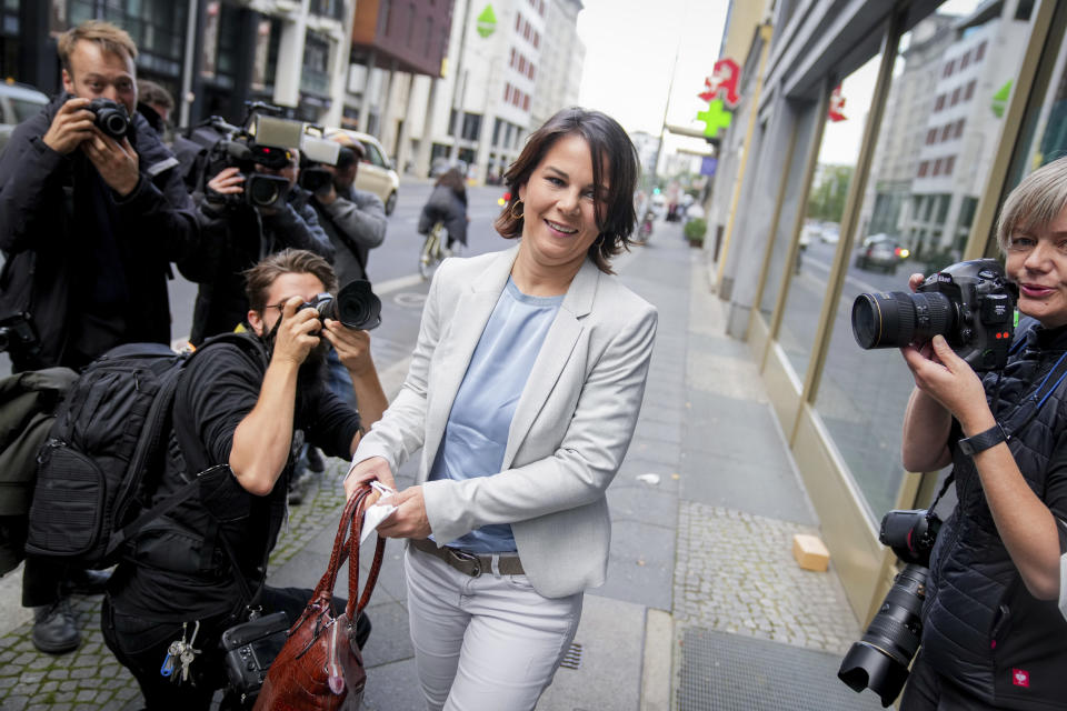 Annalena Baerbock, federal chairwoman of the Green Party will attend her party's exploratory talks with the SPD in Berlin, Germany, Sunday, Oct. 3, 2021. (Kay Nietfeld/dpa via AP)