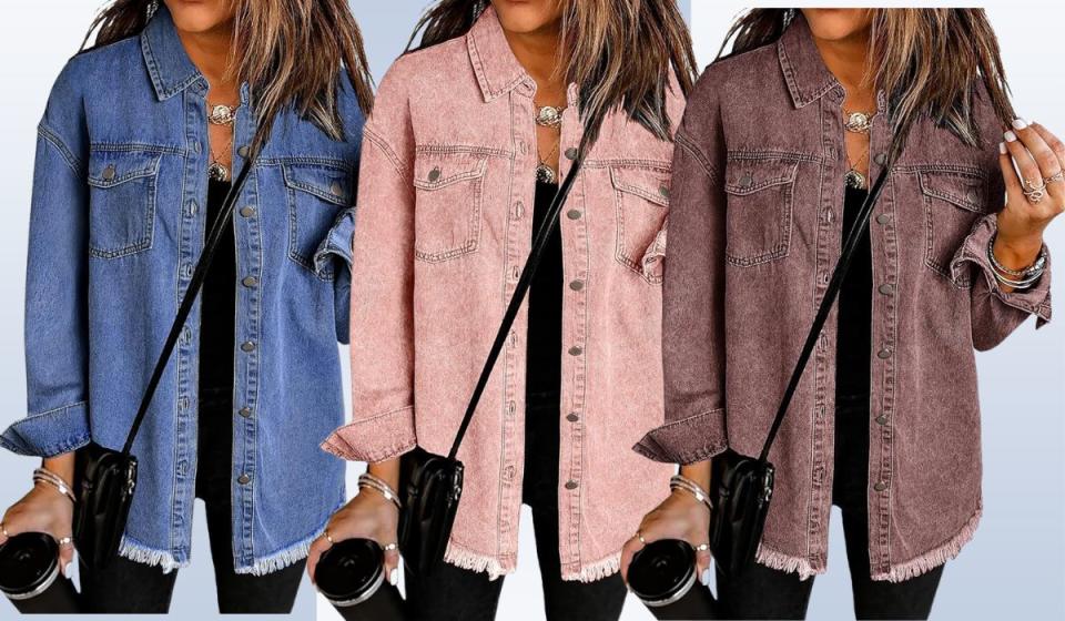 Three different colored denim shirt jackets.