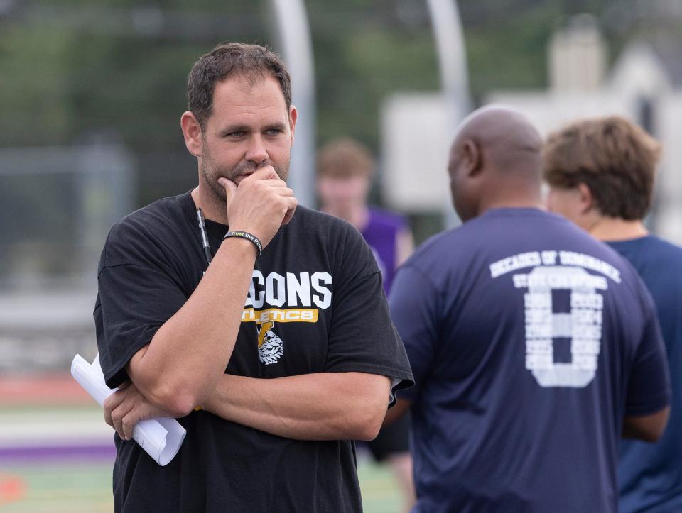 Monmouth Regional Head Coach Dan Wendel. Preseason scrimmages  featuring Rumson-Fair Haven, Ocean Township, Monmouth Regional and Middletown South in Rumson NJ on July 27, 2022.