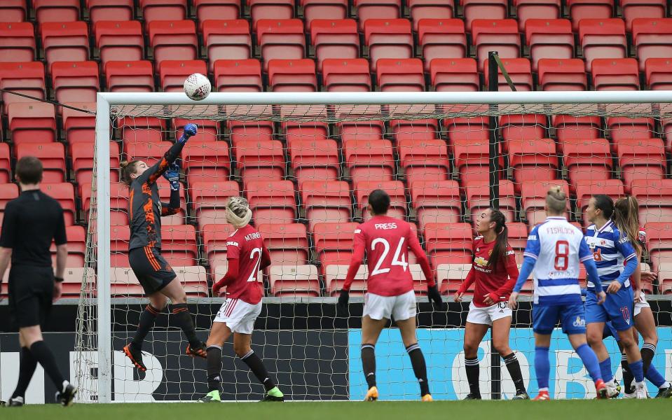 Mary Earps of Manchester United Women in action during the Barclays FA Women's Super League match between Manchester United Women and Reading Women at Leigh Sports Village on February 07, 2021 in Leigh, England.  - GETTY IMAGES