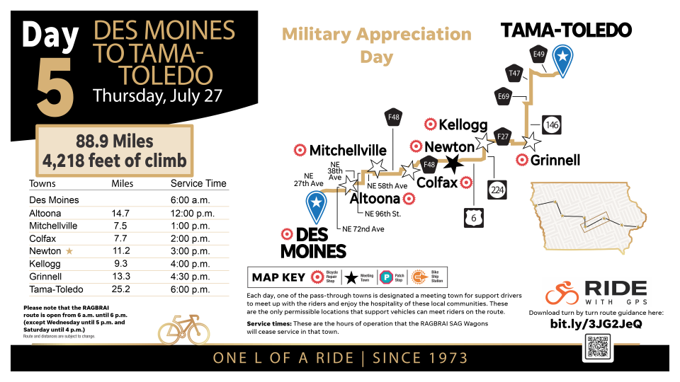 The Day 5 Thursday route for RAGBRAI from Des Moines to Tama-Toledo.