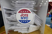 Absentee ballots are seen in a locked box during early voting at the Park Slope Armory YMCA, Tuesday, Oct. 27, 2020, in the Brooklyn borough of New York. (AP Photo/Mary Altaffer)