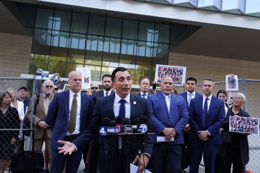 United States Attorney Martin Estrada joined by law enforcement officials and victim’s family talks to the media in front of the U.S. Federal Building in downtown Los Angeles on Thursday, May 2, 2024. A federal judge on Thursday sentenced a scuba dive boat captain Jerry Boylan to four years in prison and three years supervised release for criminal negligence after 34 people died in a fire aboard the vessel. (AP Photo/Richard Vogel)