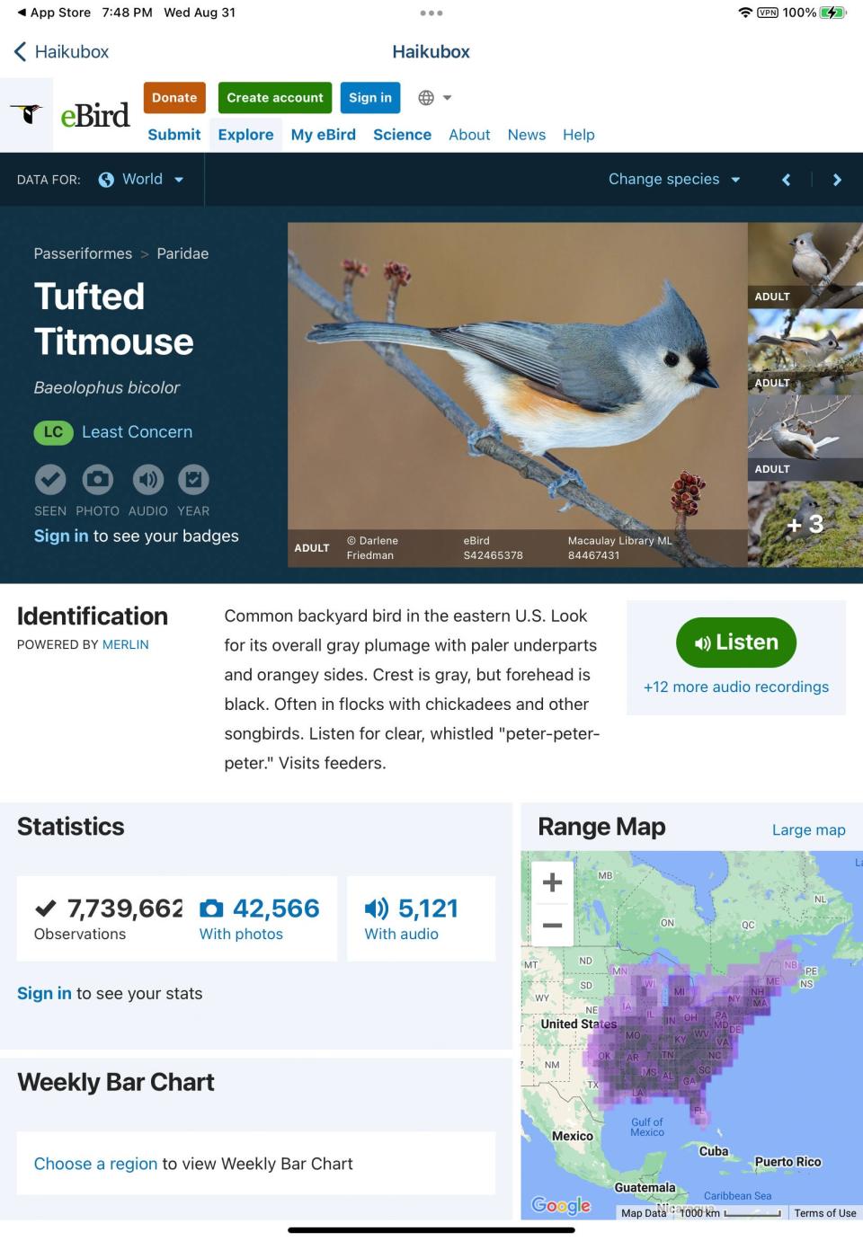 The eBird information database page  on the Tufted Titmouse, as accessed through a Haikubox iPad app.