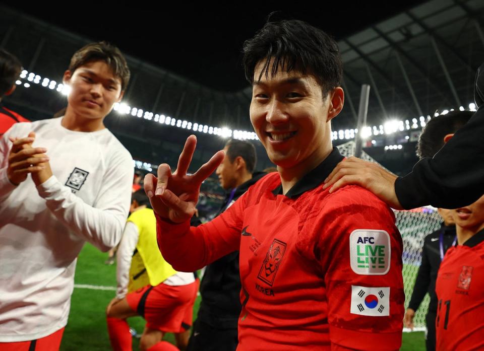 Heung-min Son celebrates South Korea reaching the Asian Cup quarter-finals (REUTERS)