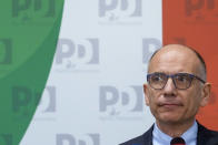 Democratic Party's leader Enrico Letta speaks at his party's headquarters in Rome, Monday, Sep. 26, 2022, the day after Italians voted in a national election that might yield the nation's first government led by the far right since the end of World War II. (AP Photo/Gregorio Borgia)