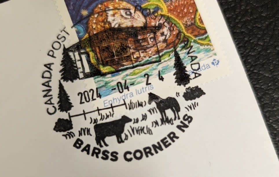 The new postmark includes a depiction of the Barss Corner post office and the farming community around it. (Michelle Greek - image credit)
