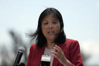 Acting United States Secretary of Labor Julie Su speaks at a news conference at Balletto Vineyards in Santa Rosa, Calif., Friday, April 26, 2024. Temporary farmworkers workers are getting more legal protections against employer retaliation, unsafe working conditions, illegal recruitment and other abuses. The rule announced Friday by the Biden administration aims to bolster support workers on H-2A visas. (AP Photo/Jeff Chiu)