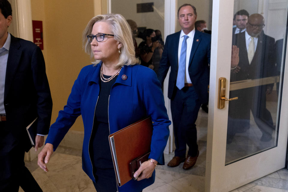 From left, Rep. Liz Cheney, R-Wyo., Rep. Adam Schiff, D-Calif., and Chairman Rep. Bennie Thompson, D-Miss., leave a House select committee hearing on the Jan. 6 attack on Capitol Hill in Washington, Tuesday, July 27, 2021. (AP Photo/Andrew Harnik)