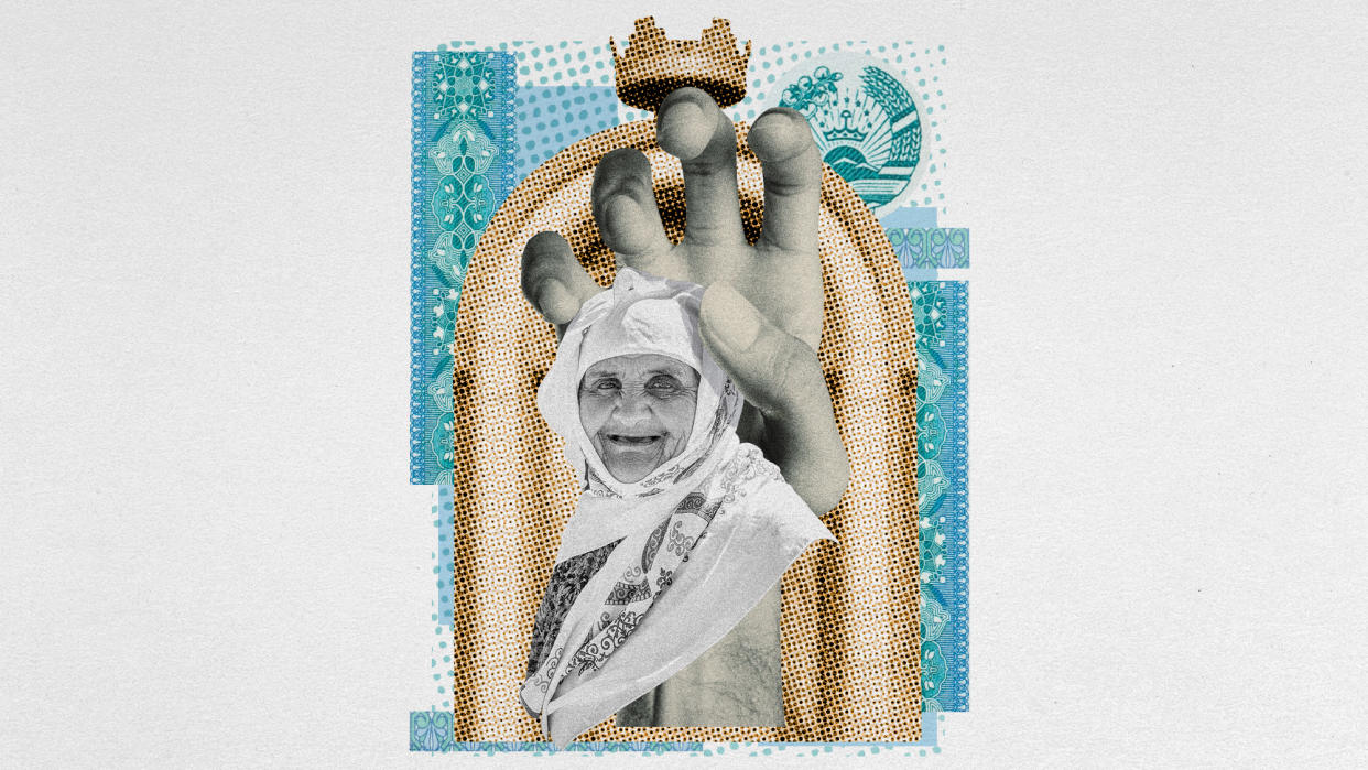  Photo collage of an elderly Tajik woman wearing a hijab, with a huge hand hovering over her. In the background, there is a photo of the Ismail Samani statue arch framing her, and fragments of Tajik banknotes behind. 