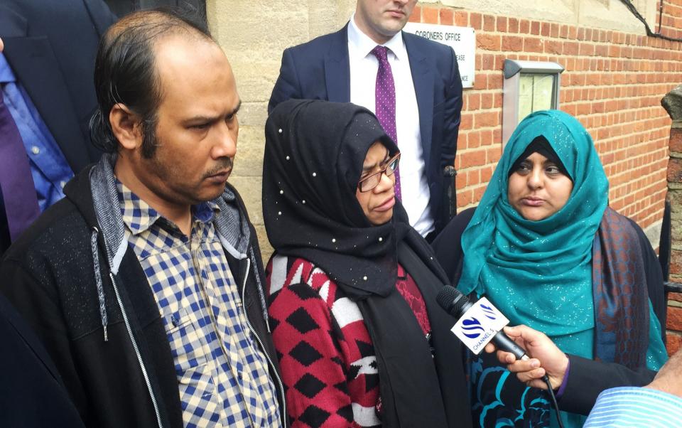 Nasar Ahmed's parents Ashrafuz and Ferdousi Zaman and family spokeswoman Sani Begum speak to reporters outside Poplar Magistrates' Court in London (PA Images)