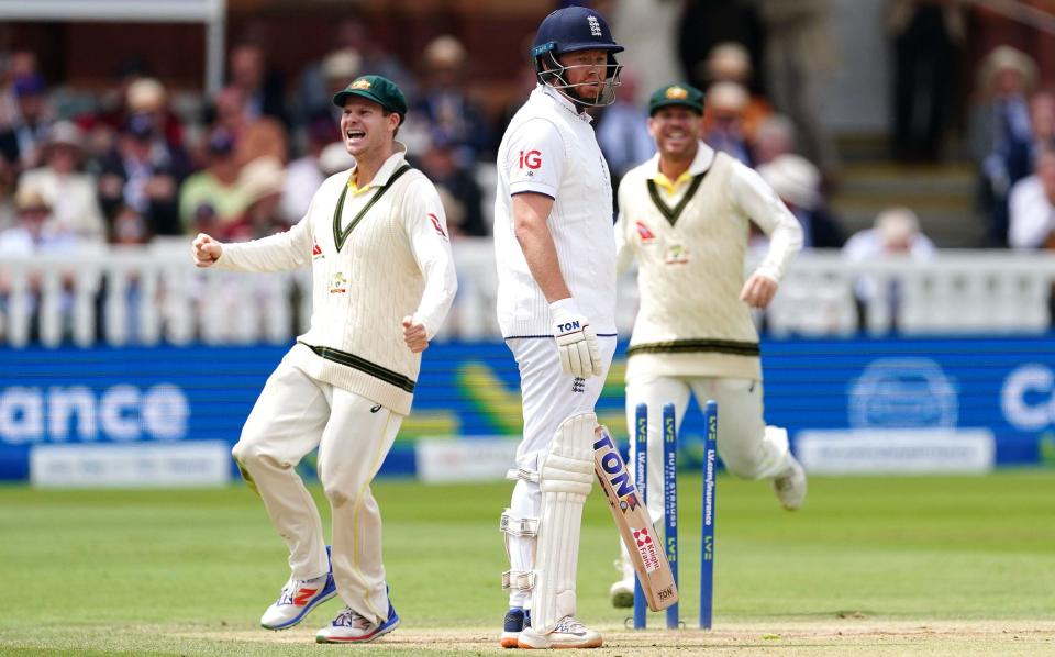 Jonny Bairstow looks on in disbelief after his stumping by Alex Carey at Lord's