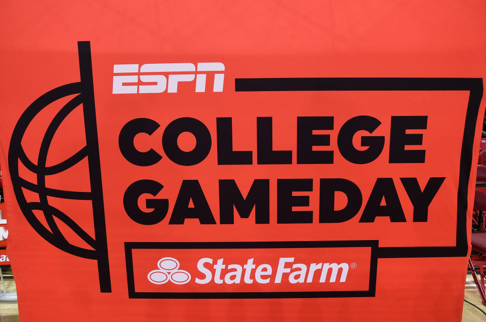 COLLEGE PARK, MD - FEBRUARY 29:  The  ESPN College GameDay logo at the Xfinity Center on February 29, 2020 in College Park, Maryland.  (Photo by G Fiume/Maryland Terrapins/Getty Images)