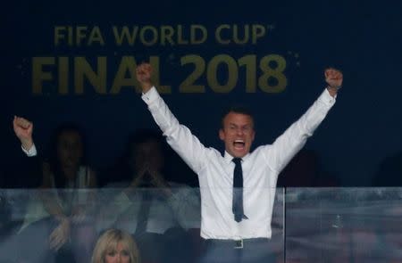President of France Emmanuel Macron celebrates after France win the World Cup. REUTERS/Damir Sagolj