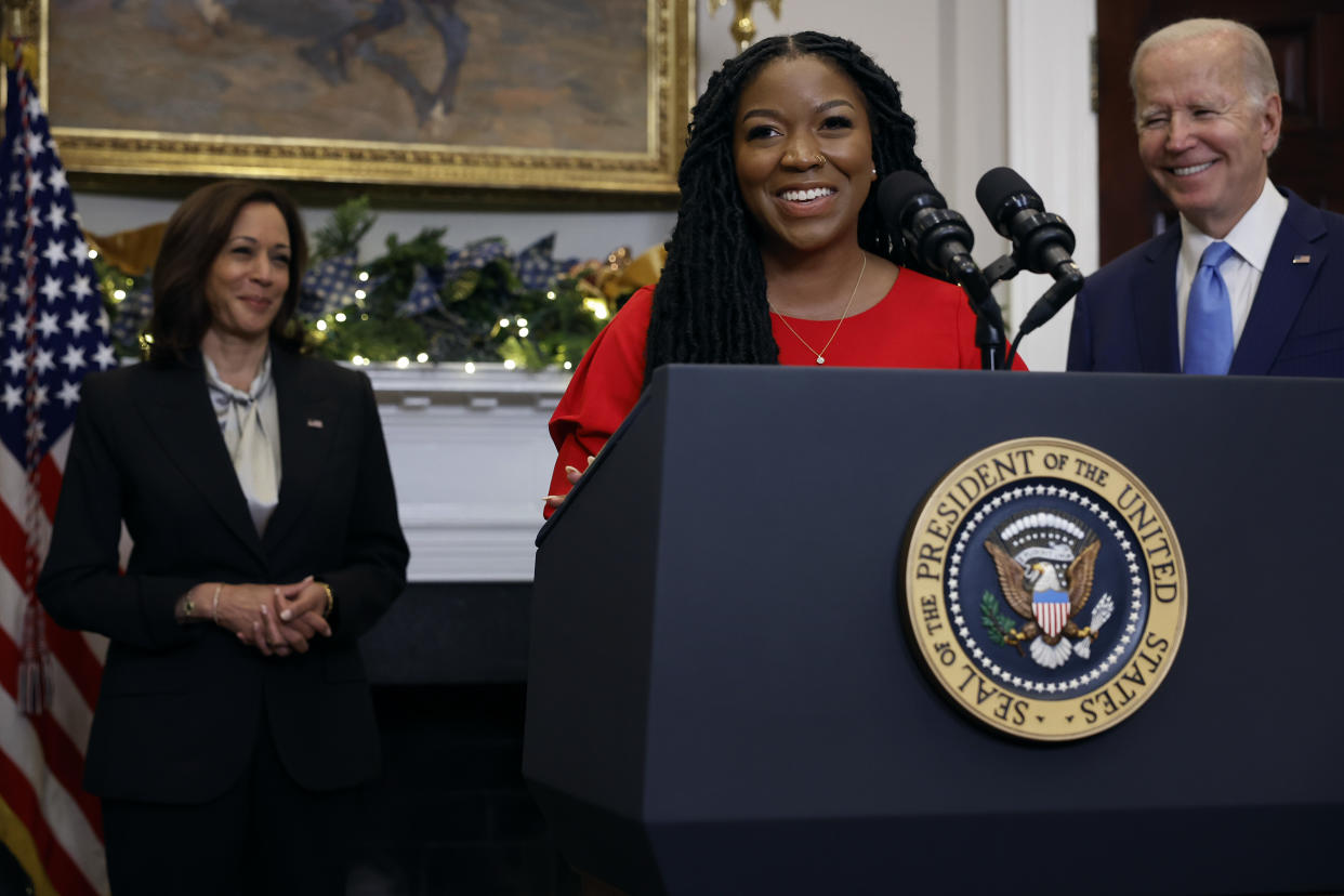 Cherelle Griner, wife of WNBA star Brittney Griner, speaks after President Joe Biden announced Brittney Griner's release in a prisoner swap with Russia on Thursday, Dec. 8, 2022, at the White House. (Photo by Chip Somodevilla/Getty Images)