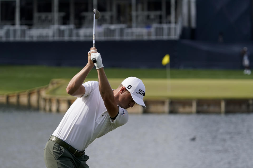 Justin Thomas hits his tee shot on the 17th hole during the third round of The Players Championship golf tournament Saturday, March 13, 2021, in Ponte Vedra Beach, Fla. (AP Photo/John Raoux)