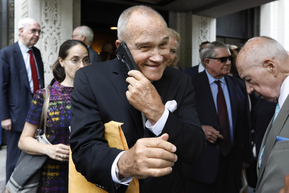 Former New York City Police Dept. Commissioner and Under Secretary for Enforcement at the United States Department of the Treasury Ray Kelly leaves the funeral of Robert Morgenthau at Temple Emanu-El, in New York, Thursday, July 25, 2019. (AP Photo/Richard Drew)