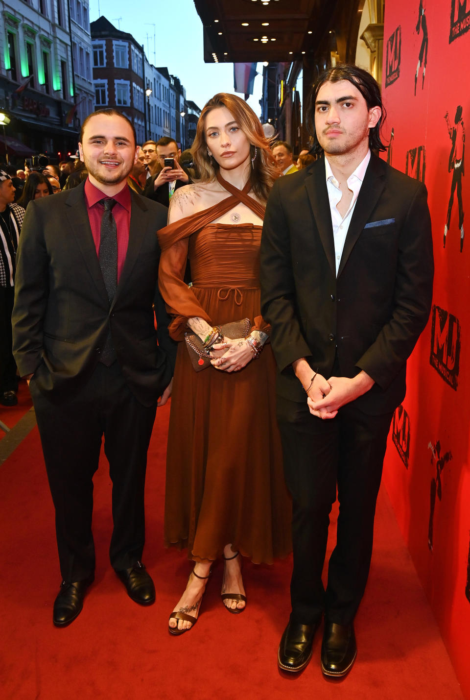 LONDON, ENGLAND - MARCH 27: (L to R) Prince Jackson, Paris Jackson and Bigi Jackson aka Blanket Jackson attend the press night performance of 