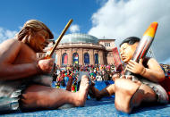 <p>A carnival float depicting North Korean leader Kim Jong Un and U.S. President Donald Trump at the traditional “Rosenmontag” Rose Monday carnival parade in Mainz, Germany, Feb. 12, 2018. (Photo: Ralph Orlowski/Reuters) </p>