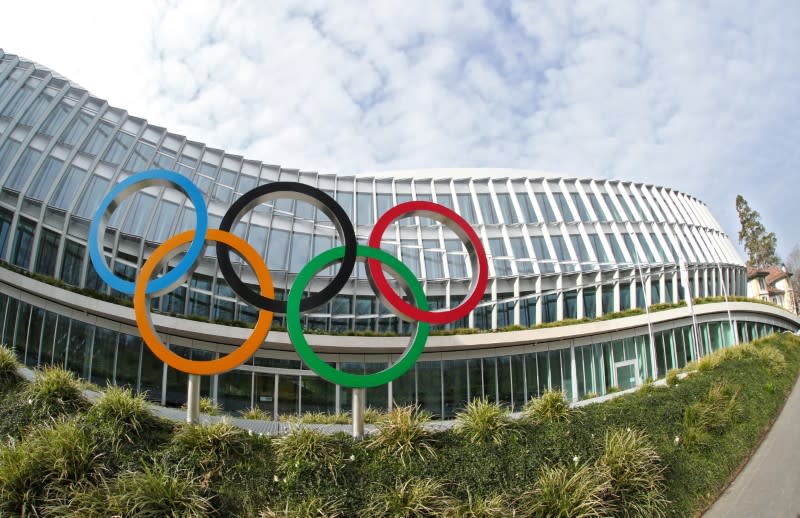 The Olympic rings are pictured in front of the IOC in Lausanne