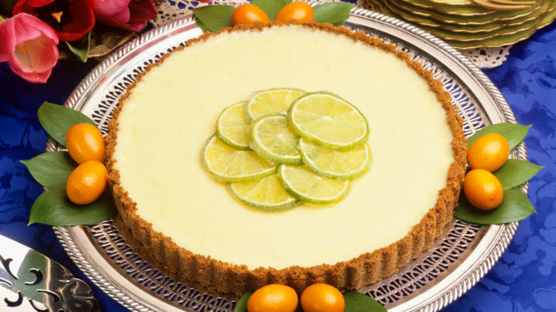 lime cheesecake on silver platter