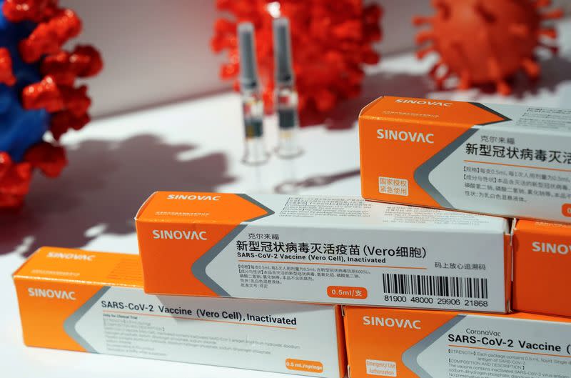 FILE PHOTO: Booth displaying a coronavirus vaccine candidate from Sinovac Biotech Ltd is seen at the 2020 China International Fair for Trade in Services (CIFTIS), following the COVID-19 outbreak, in Beijing