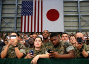 <p>U.S. and Japan Self-Defence Force’s soldiers listen a speech by U.S. President Barack Obama during his visits at Iwakuni Marine Corps Air Station, enroute to Hiroshima, Japan May 27, 2016. (Photo: Carlos Barria/Reuters) </p>