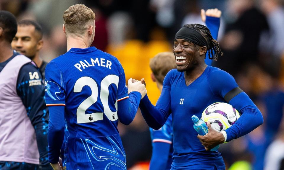 <span>Noni Madueke with Cole Palmer who assisted his three goals for Chelsea at Wolves.</span><span>Photograph: Manjit Narotra/ProSports/Shutterstock</span>