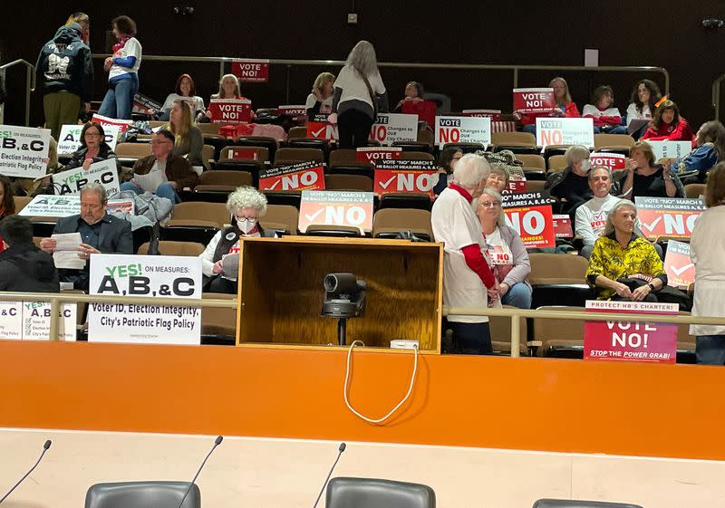 FILE PHOTO: Yes and No supporters gather at the Huntington Beach City council meeting in Huntington Beach