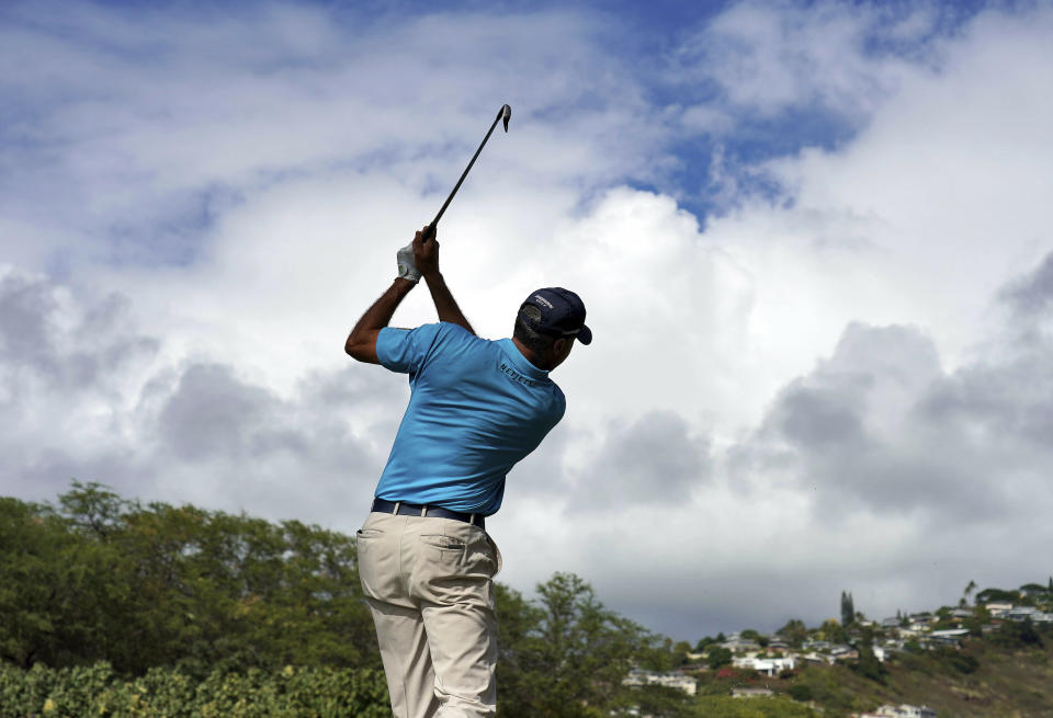 Matt Kuchar hits from the seventh tee during the first round of the Sony Open PGA Tour golf event, Thursday, Jan. 10, 2019, at the Waialae Country Club in Honolulu, Hawaii. (AP Photo/Matt York)