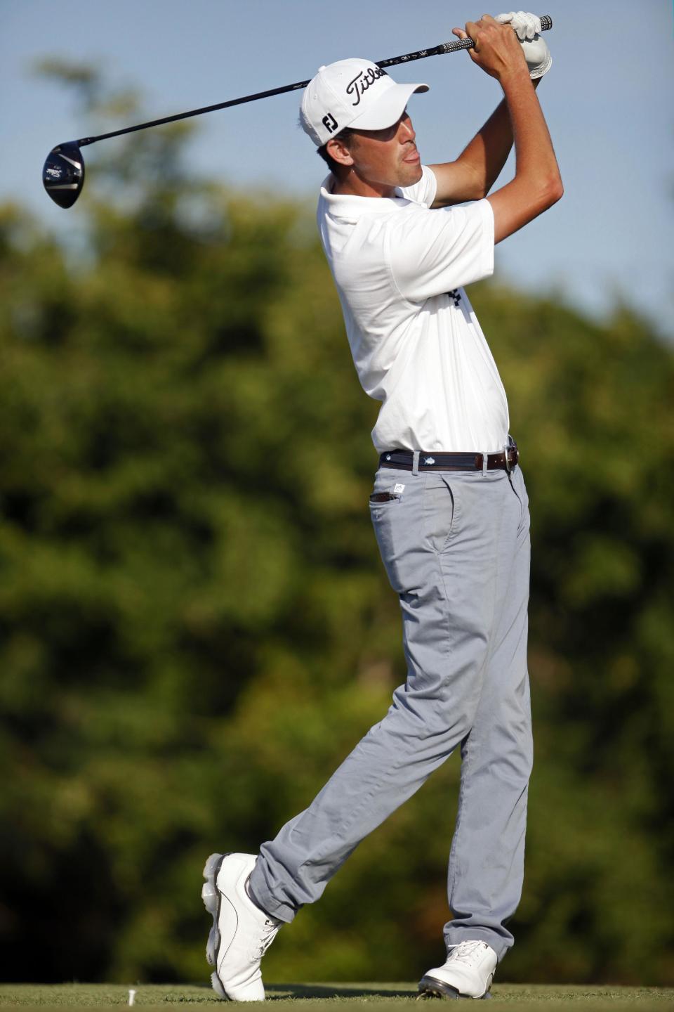 U.S.' Chesson Hadley tees off from the 18th hole during the final round of the Puerto Rico Open PGA golf tournament in Rio Grande, Puerto Rico, Sunday, March 9, 2014. (AP Photo/Ricardo Arduengo)