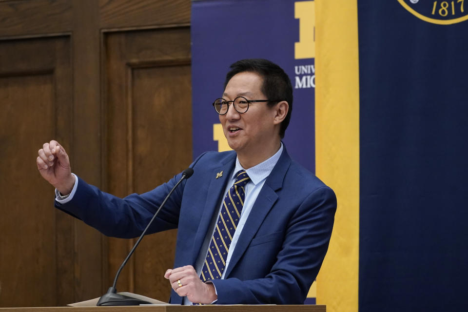 Santa Ono is introduced as the new president of the University of Michigan, Wednesday, July 13, 2022, in Ann Arbor, Mich. Ono becomes UM's 15th president and its first minority and Asian chief executive — the son of Japanese immigrants who came to the United States after World War II. The 59-year-old Ono has led the University of British Columbia for nearly six years after guiding the University of Cincinnati for four years. (AP Photo/Carlos Osorio)