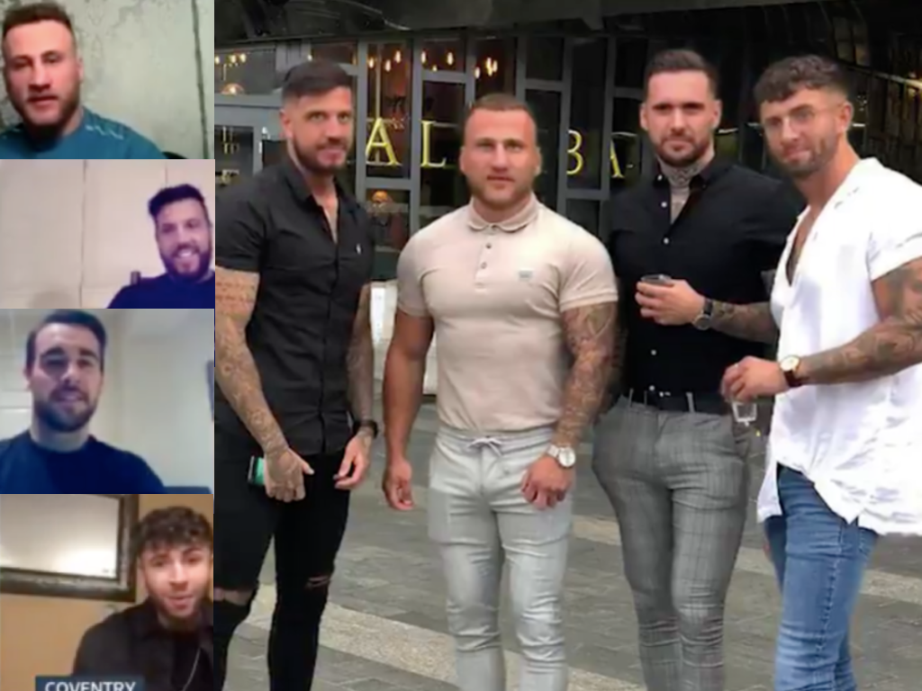 <p>The original ‘four lads in jeans’ photograph and, left, Jamie, Connor, Kevin and Alex on ‘Good Morning Britain’</p> (Good Morning Britain/ Jamievp92/Instagram)