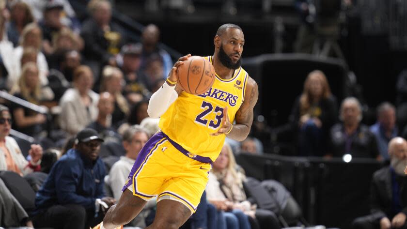 Los Angeles Lakers forward LeBron James (23) plays during the second half of an NBA basketball game on Tuesday, October 24, 2023, in Denver.  (AP Photo/David Zarubowski)